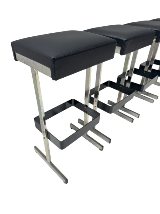 Four Mid-Century Modern Bar Stools with Black Leather Seats, 1970s